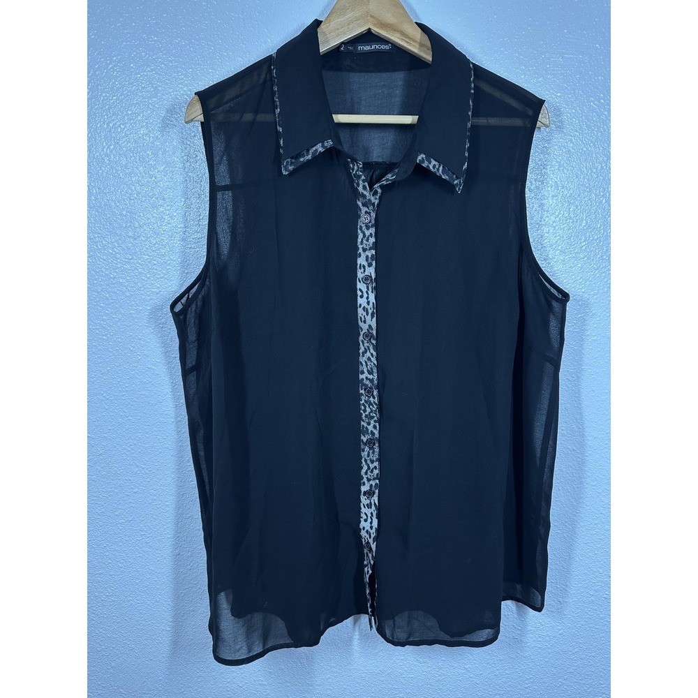 Maurices Shirt Womens 2 Plus Black‎ Sleeveless Sheer Button Front Leopard Trim